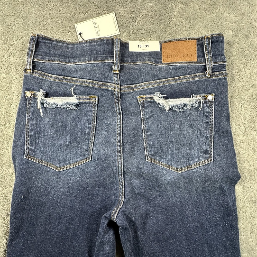 Judy Blue Boot Cut Jeans 13/31 Blue Distressed Mid Rise Frayed Hem Double Button - Picture 5 of 12